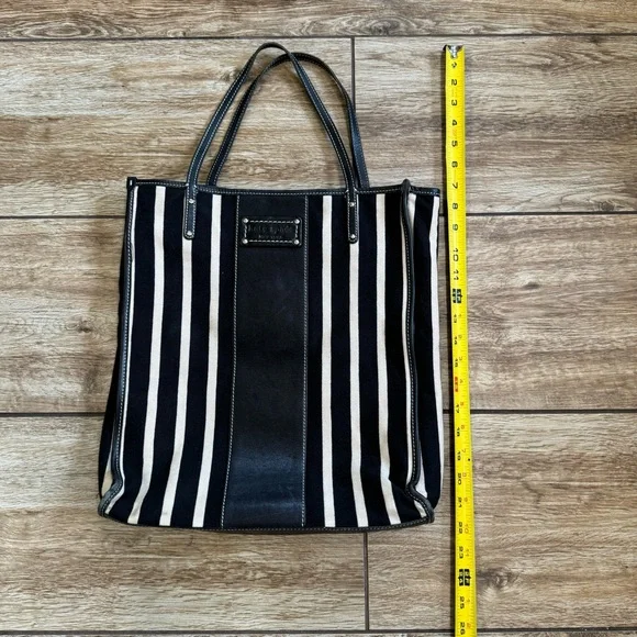 Kate Spade Griffen Tote Black Cream Stripe Cloth Leather Shoulder Bag - Picture 15 of 15
